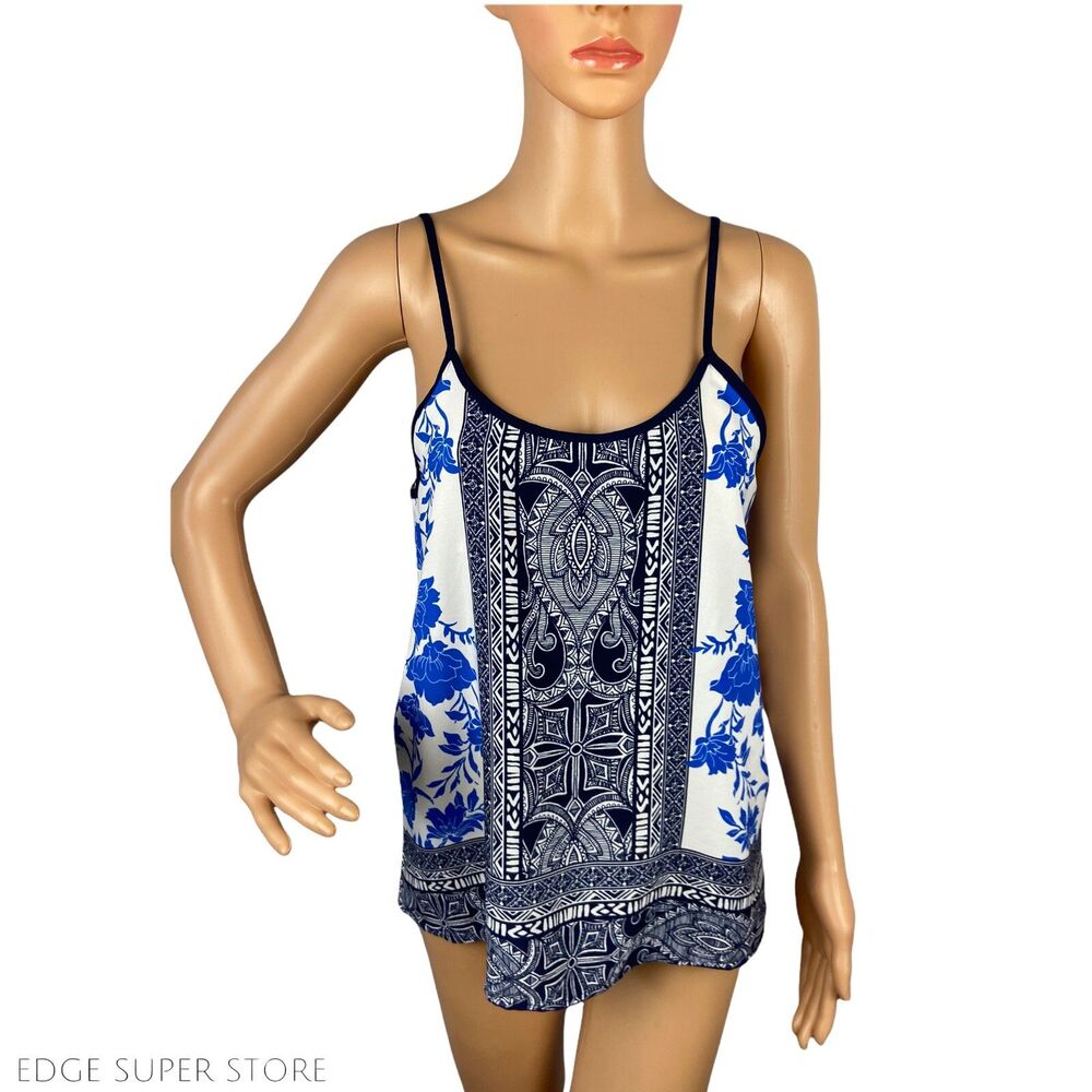 Fabrik Blue White Sleeveless Tribal Floral Print Blouse Tank Top Size Medium